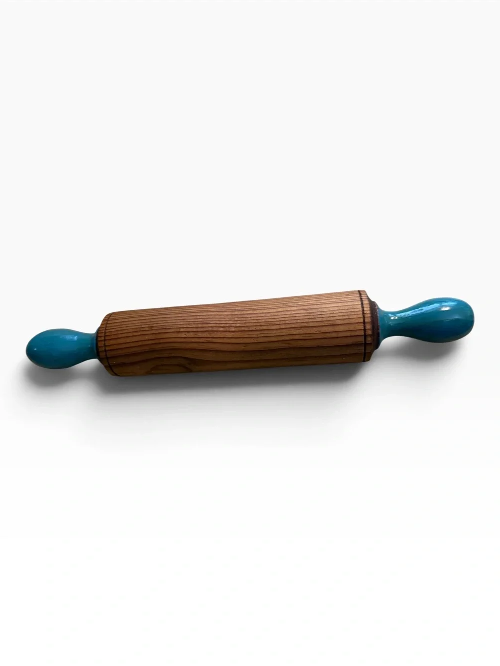 Vintage Wood Rolling Pin Featuring Painted  Teal Handles